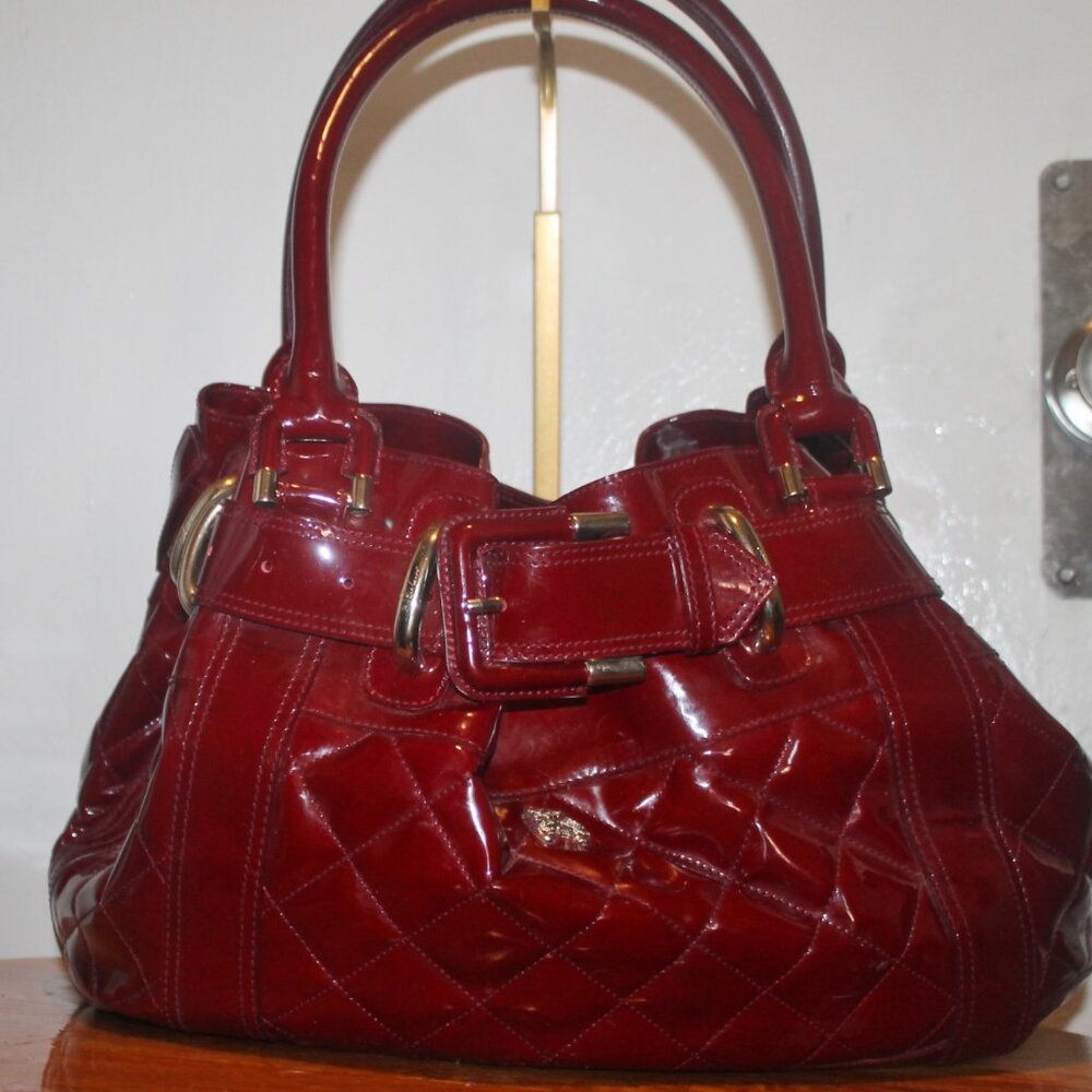Iconic Burberry cranberry Patent Leather Quilted Italian Beaton Handbag Tote